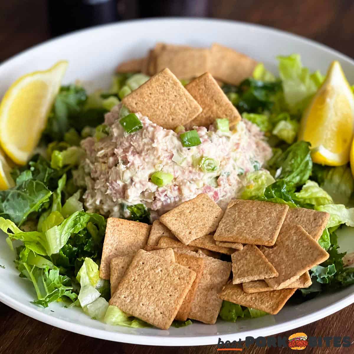 a closeup image of a plate of ham salad with lettuce, crackers and lemon slices