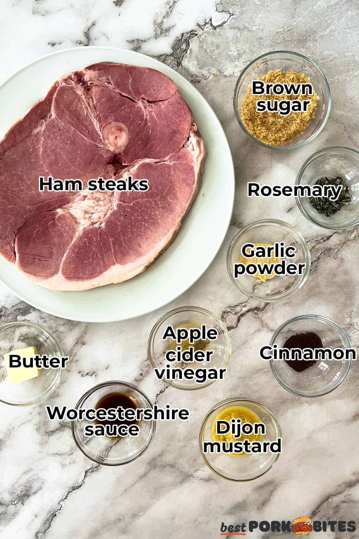 all the ingredients for ham steaks with labels