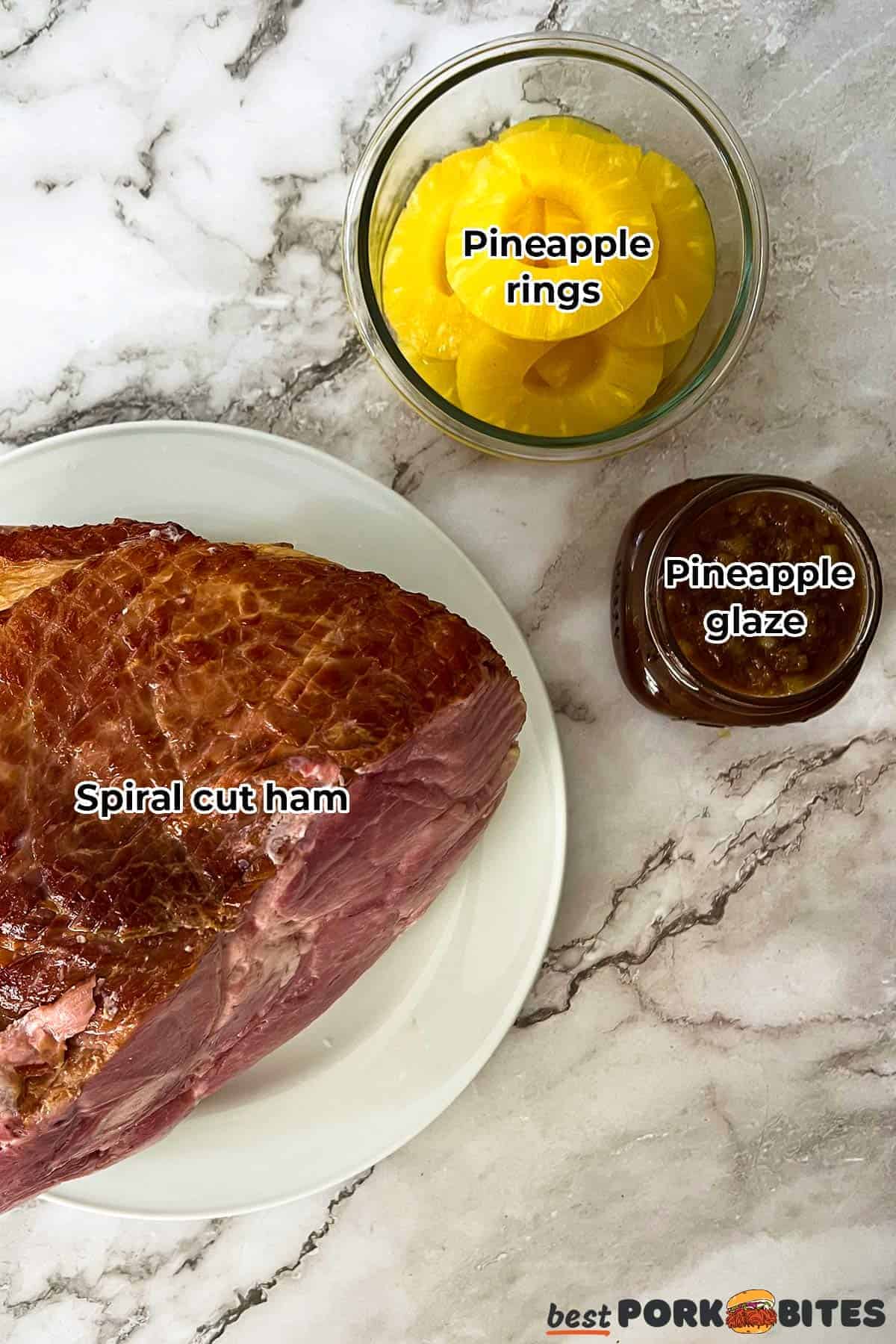 the ingredients for pineapple ham with labels