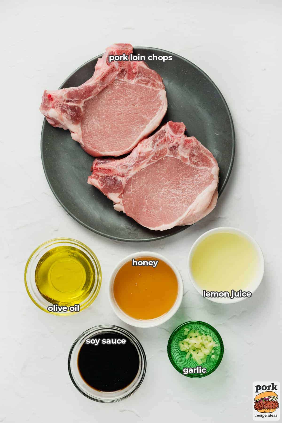 all the ingredients for honey garlic pork chops with separate labels