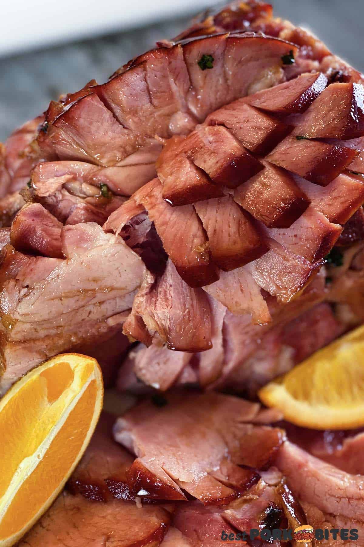 close-up image of sliced completed ham