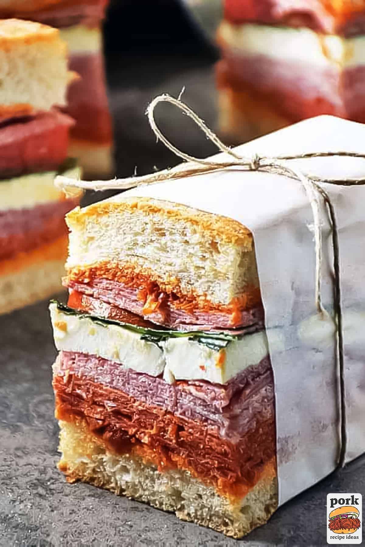 italian pressed sandwiches with one wrapped in paper and twine