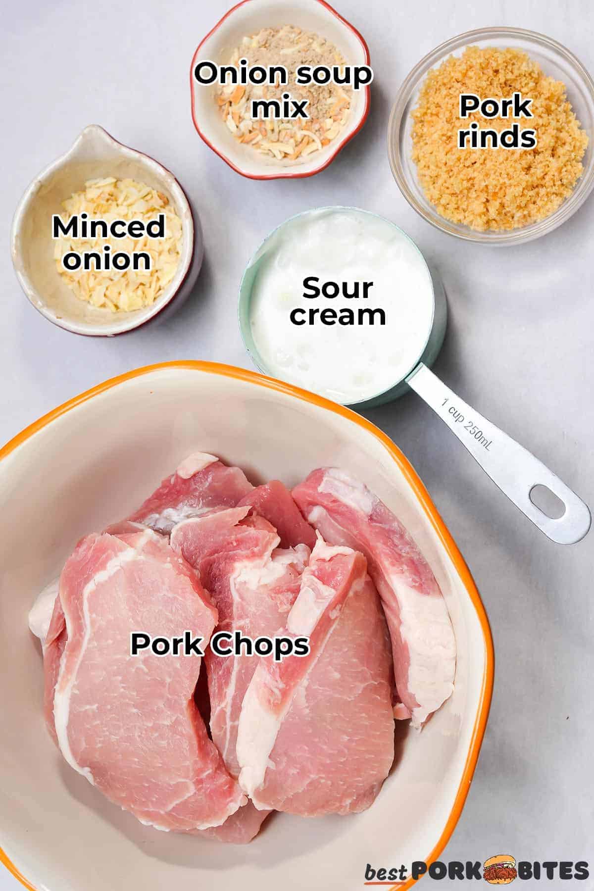 the ingredients for onion pork chops in separate bowls with labels