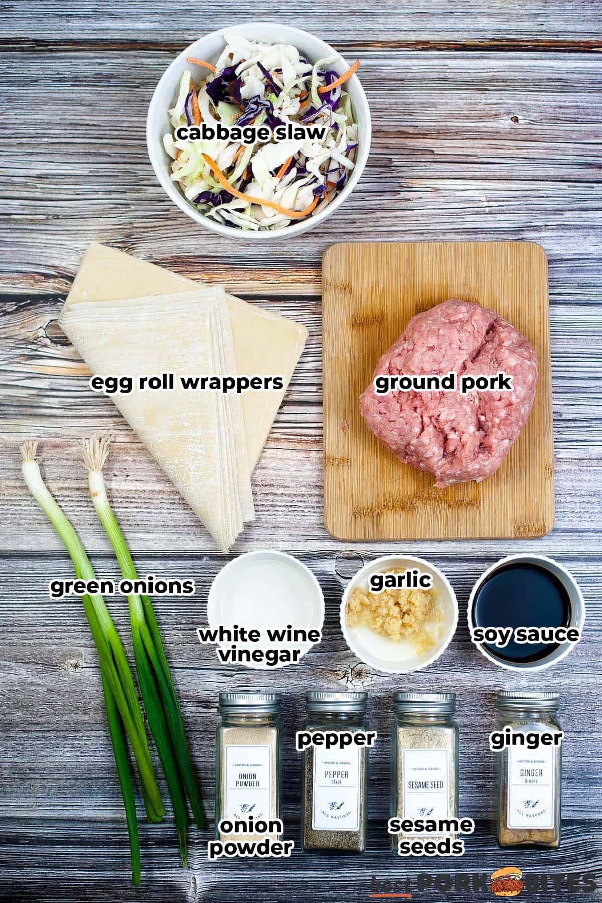 ingredients for pork egg rolls with labels