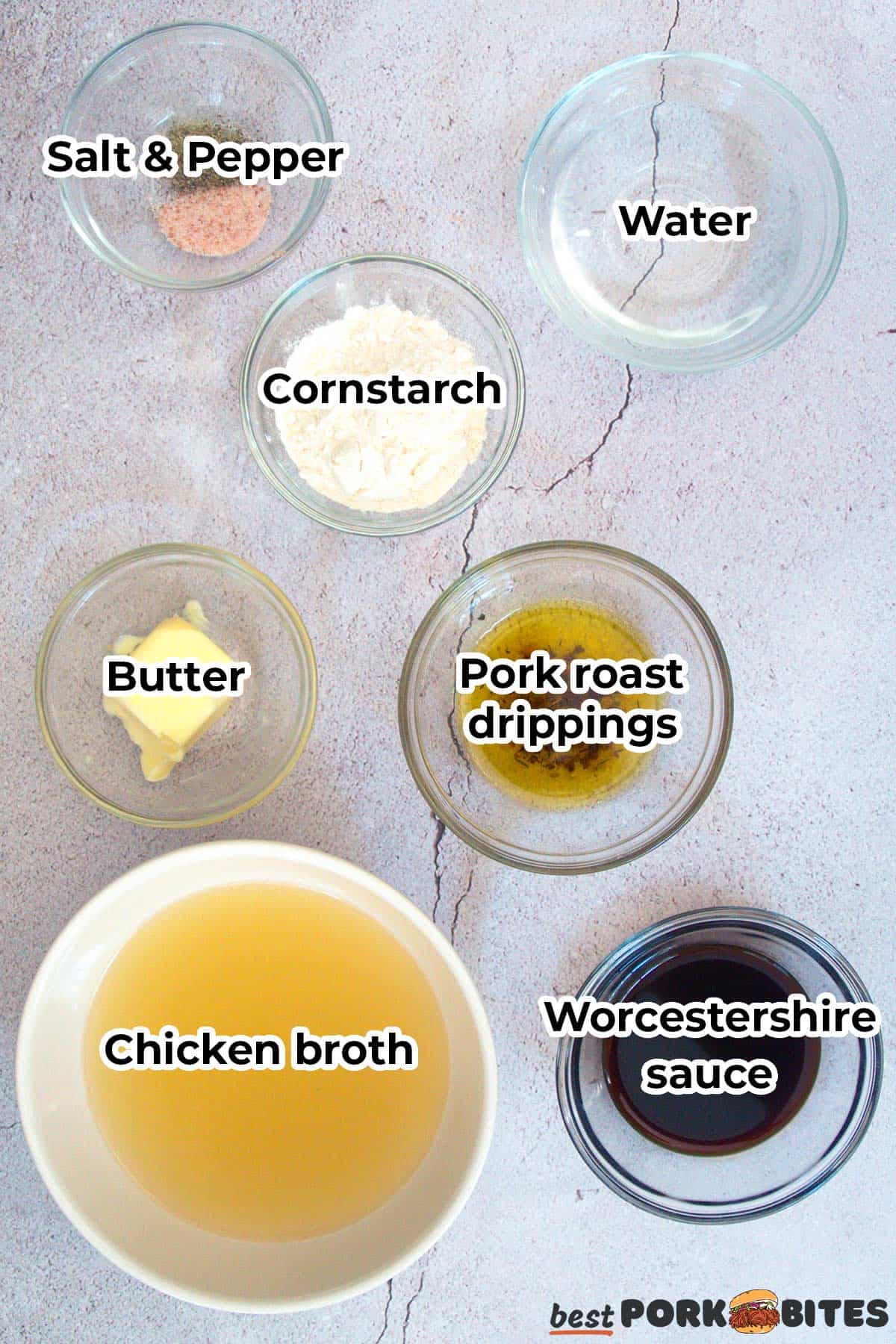 labeled ingredients for pork gravy in separate bowls