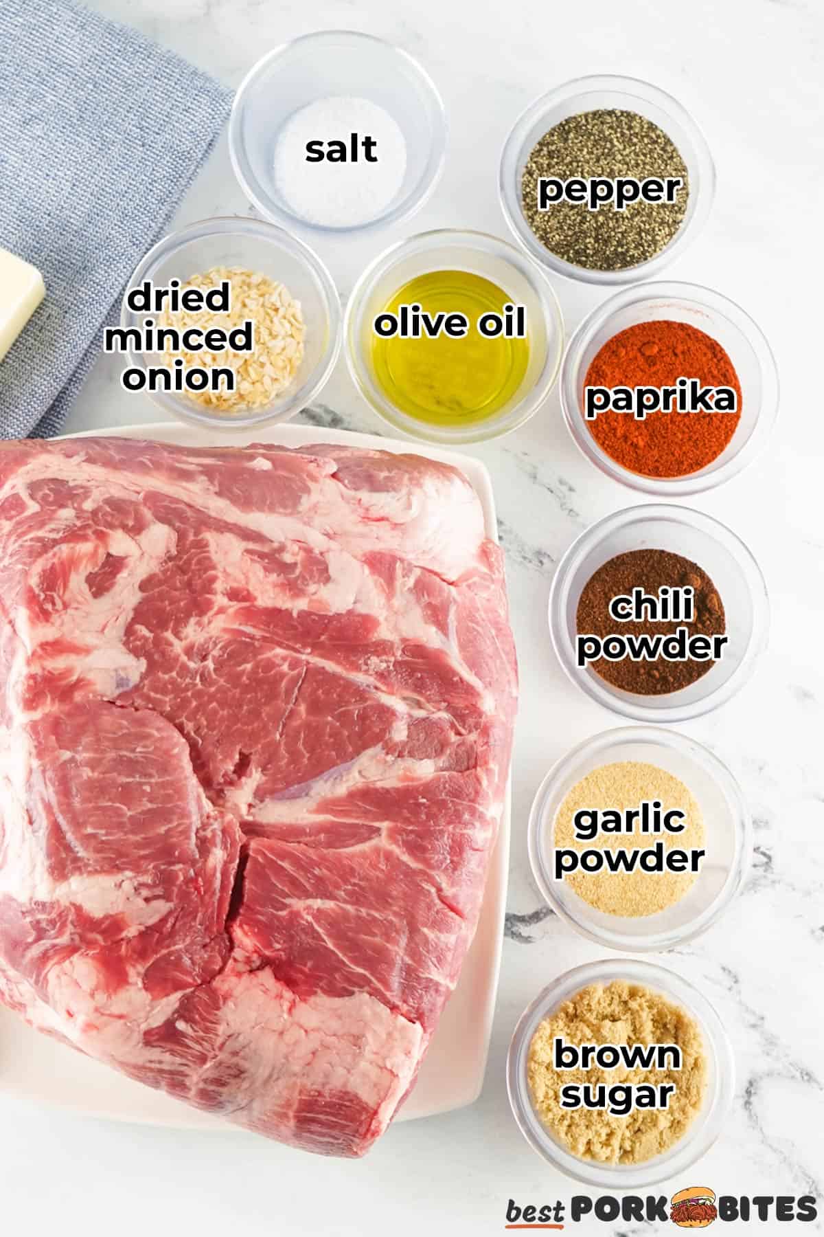 labeled ingredients for pork rub in bowls