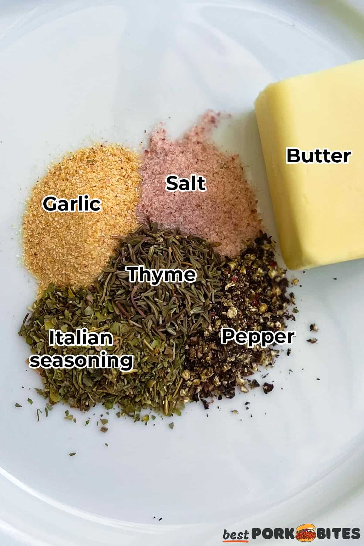 the ingredients for pork seasoning on a plate with labels