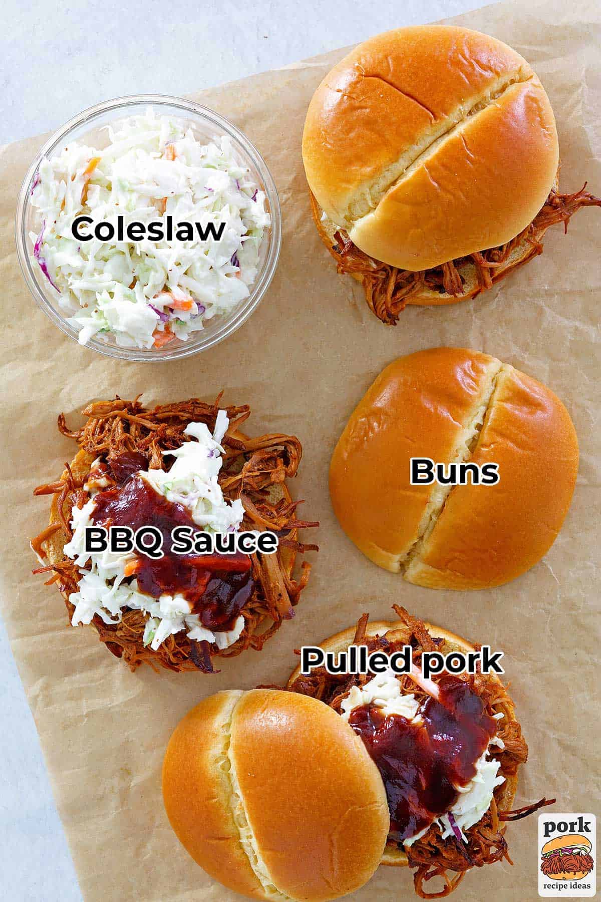 all the ingredients for pulled pork sandwiches with labels