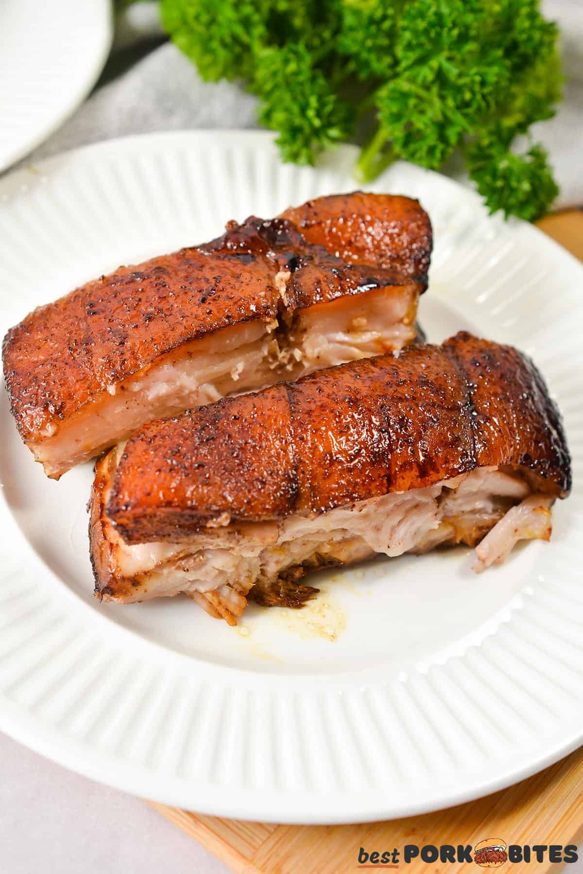 two pieces of roasted pork belly on a white plate