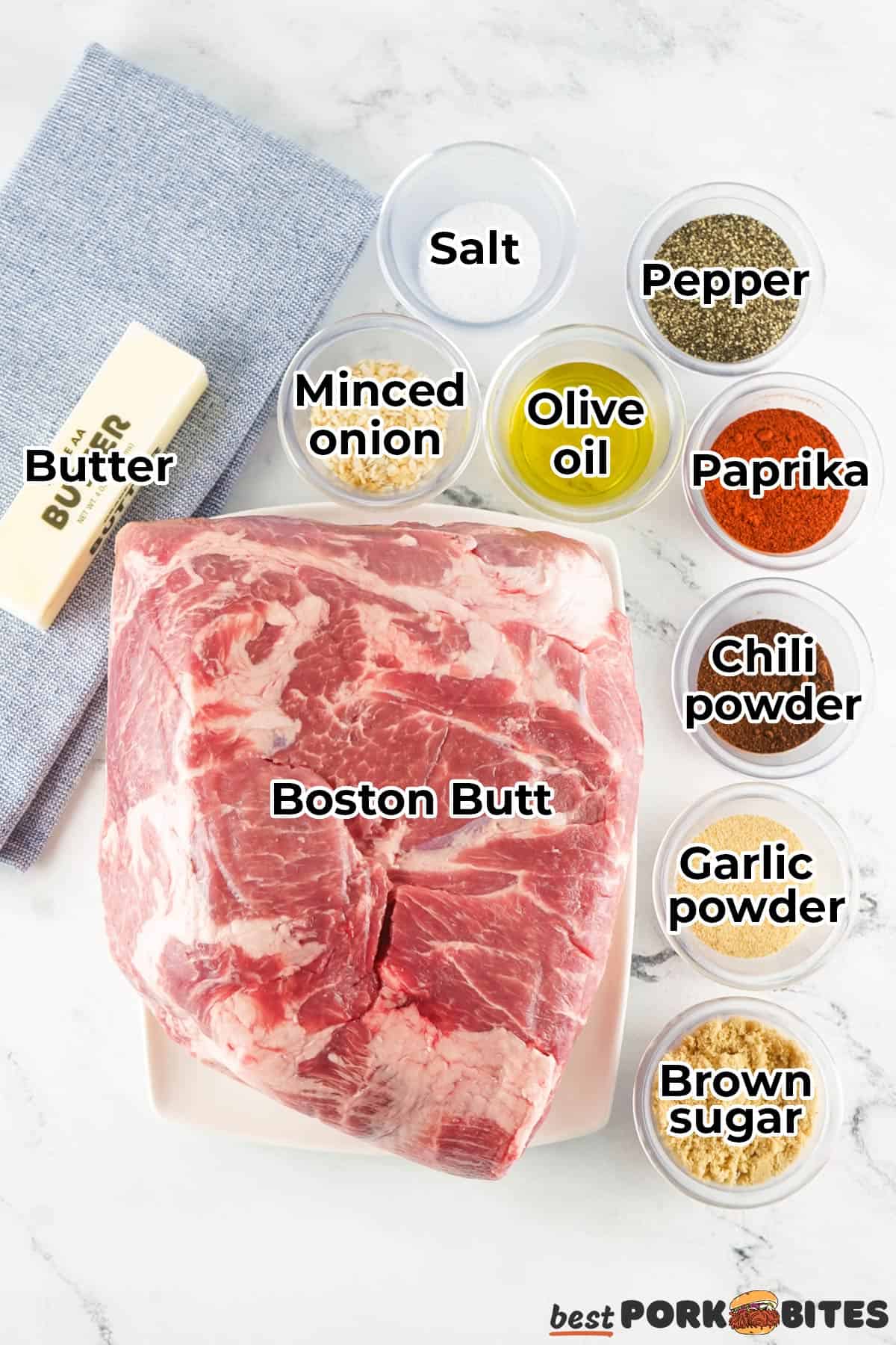 all the ingredients for smoked boston butt in separate bowls with labels