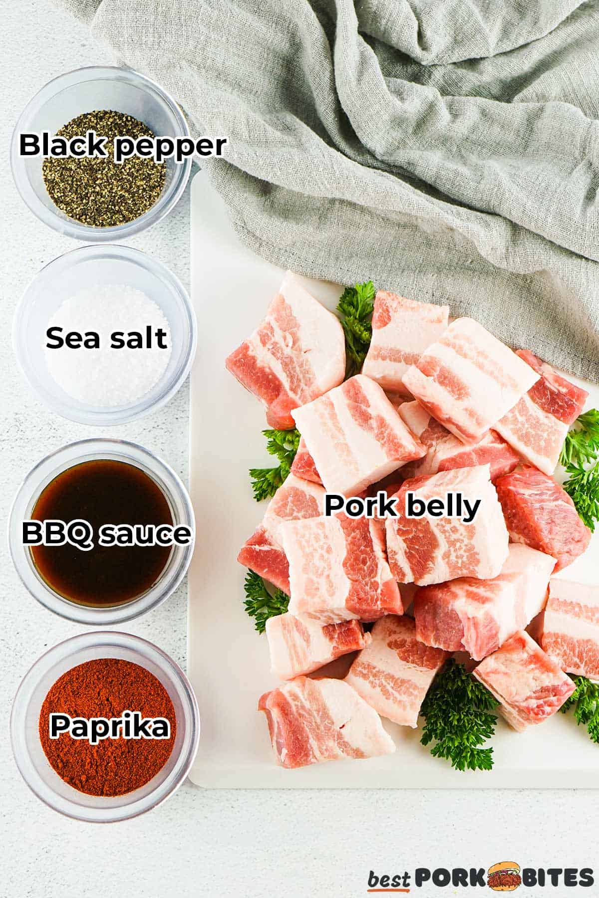 the ingredients for pork belly burnt ends in separate dishes with labels