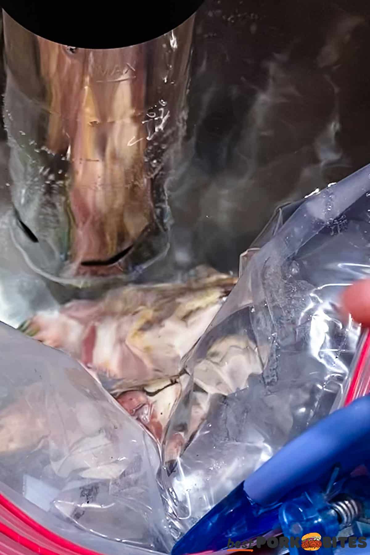 pork chops in a sealed bag being clipped to the side of a bowl with a sous vide machine